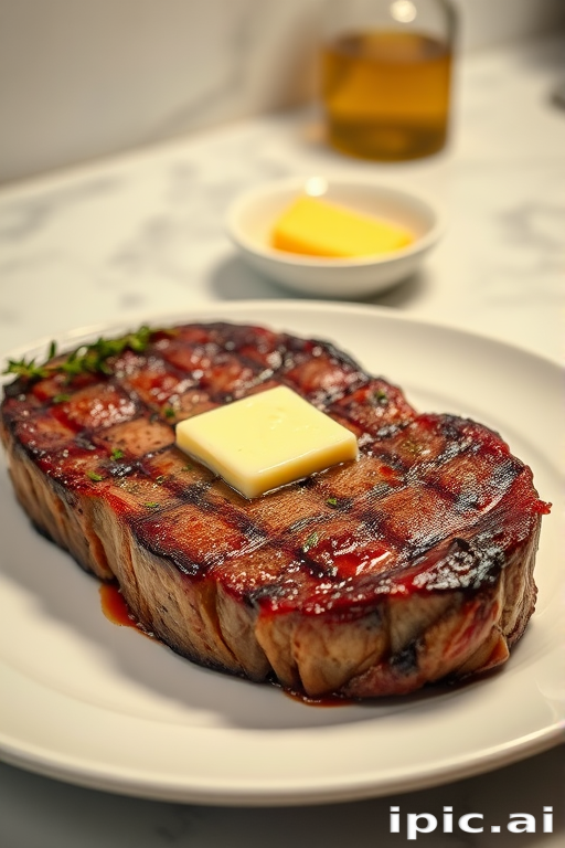 Create an image of a perfectly seared ribeye steak, resting on a white plate with a pat of melting butter on top. The steak is seasoned with fresh herbs like thyme and parsley, with glistening juices highlighting the texture of the meat. The background features a soft focus on a light, marble countertop, with a small dish of butter and an olive oil bottle in the distance. The overall mood should be warm and inviting, capturing the deliciousness and juiciness of the steak.