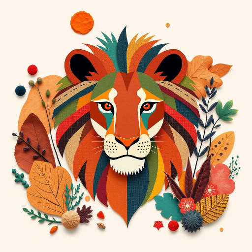 Create a vibrant illustration of a stylized lion with a patchwork design, surrounded by various abstract shapes and plants, using vibrant earth tones and textured patterns, captured with a DSLR camera at aperture f/5.6, ISO 200, and a focal length of 35mm, in a flat lay style for enhanced clarity and detail.