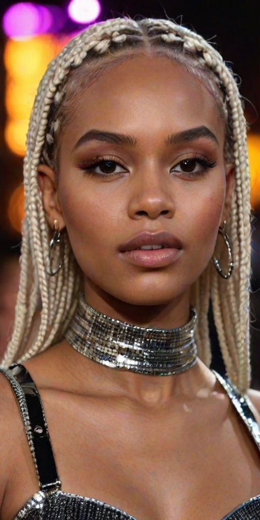 High res waist up portrait photo of a woman with her hair in platinum blonde box-braids with glittery eye-shadow and clear glossy lip-gloss. She is looking at the viewer with her mouth closed. She is wearing a thin string-like black choker and hoop earrings. In the background is a nightclub scene out of focus