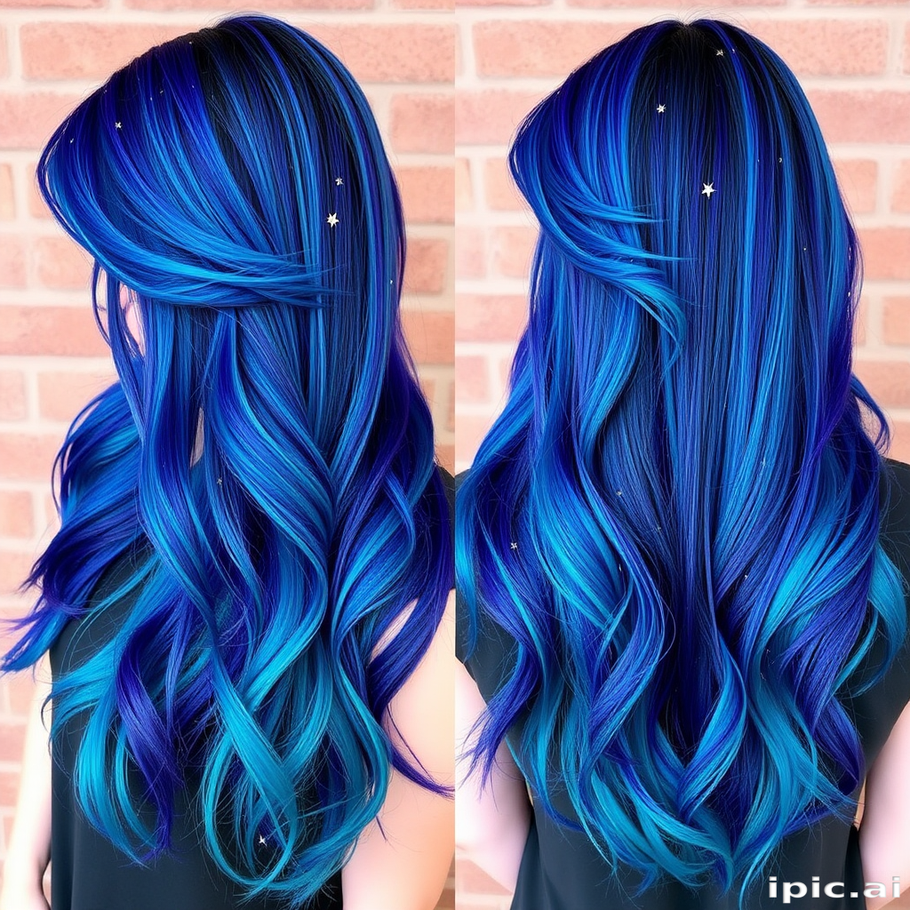 Mesmerizing galaxy-inspired hair color melding deep indigo, teal, and violet hues, styled by Nova Starlight, featuring a long shag cut with wispy bangs and star-shaped glitter accents scattered throughout