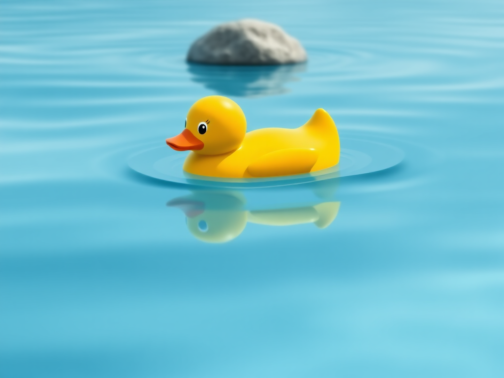 Create a cartoon-style image of a yellow rubber duck swimming in a calm blue ocean with a small gray rock in the background, using a wide-angle lens, aperture f/8, ISO 100, and a high-resolution digital camera.