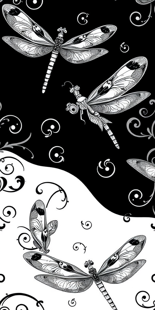Create a high-resolution black and white pattern featuring intricately designed dragonflies with detailed swirls and floral motifs, shot with a macro lens at f/2.8, ISO 100, and a shutter speed of 1/250s, using a DSLR camera for sharpness and clarity.