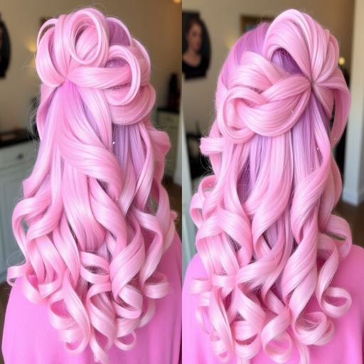 Pastel pink and lilac hues blend harmoniously in the "Cotton Candy Cloud" hairstyle, featuring voluminous, bouncy curls that resemble fluffy clouds at sunset. Soft, face-framing tendrils add a touch of whimsy, while the crown is teased for extra height and drama. Subtle sparkles throughout the hair catch the light, creating a magical, dreamy effect.