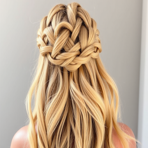 Golden blonde crown braid transitioning into loose, sun-kissed waves cascading down the back, embodying the essence of a summer goddess called Solaris Mane