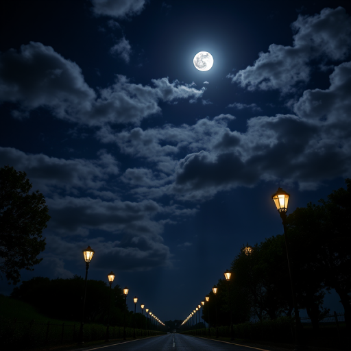 Create a serene night scene featuring a moonlit sky with dramatic clouds, flanked by stylized street lamps along a pathway, captured with a DSLR camera using a wide-angle lens, aperture f/2.8, ISO 200, shutter speed 1/60s, in high dynamic range to enhance the color and detail.