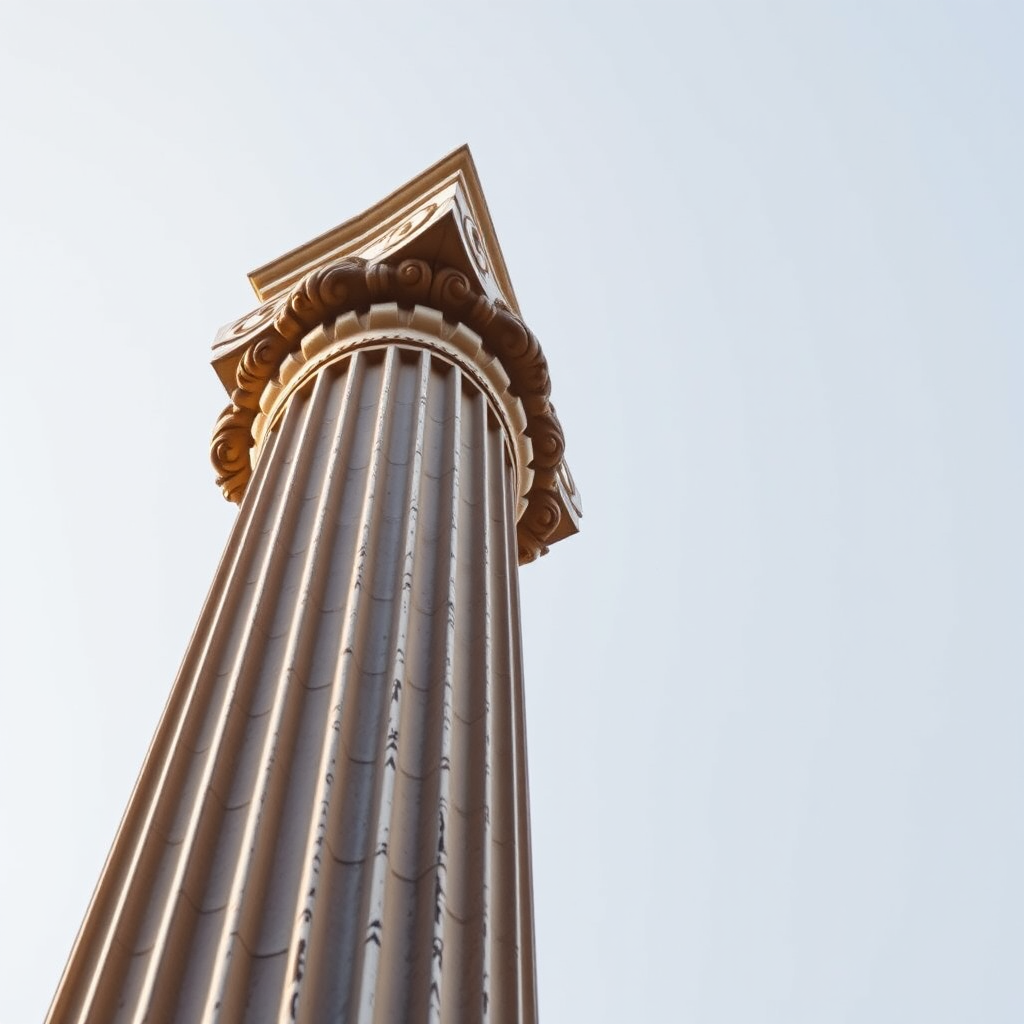 Create a high-resolution image of a classical Greek column featuring intricate scrollwork at the top and evenly spaced vertical grooves on the shaft, using a DSLR camera with a 50mm lens, aperture set to f/2.8, ISO 100, and a shallow depth of field, shot from a low angle to emphasize the height and elegance of the column against a plain background.