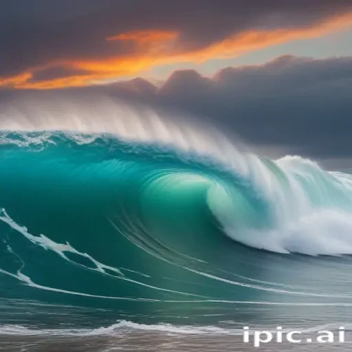 Majestic Ocean Wave Crashing Under Dramatic Sunset Sky and Clouds