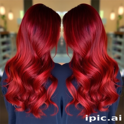 Elegant Crimson Cascade hairstyle featuring long, luxurious waves cascading down the back with a deep side part and subtle ombre effect transitioning from dark red to bright copper