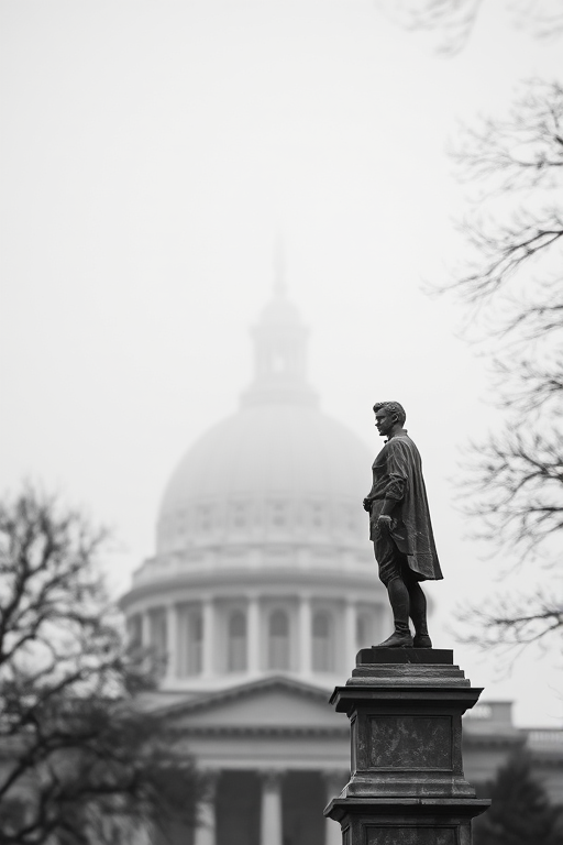 Capture a high-resolution black and white photograph of a statue in the foreground with a soft focus on a foggy dome in the background, using a Canon EOS R5 camera with a 50mm lens at f/1.8, ISO 100, shutter speed 1/200s, in a portrait composition from a low angle perspective.