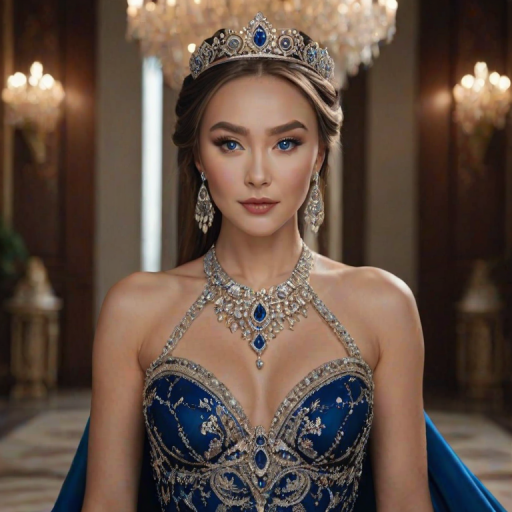 A gorgeous Kazakh woman in a luxurious brown gown, accessorized with a dazzling tiara and statement earrings, her deep blue eyes highlighted by impeccable makeup, poised in a royal setting, photorealistic, 8K quality