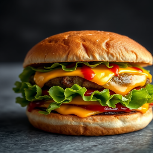 highly detailed close-up of a double cheeseburger with melted cheese, ketchup, mayonnaise, and fresh lettuce on a textured grey surface, soft lighting, 50mm f/1.8 lens, ISO 100, aperture priority mode, DSLR camera