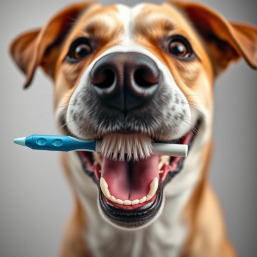 A cheerful dog with a toothbrush in its mouth, close-up shot, ISO 200, f/2.8, 1/200s, 50mm lens, soft studio lighting, Canon DSLR