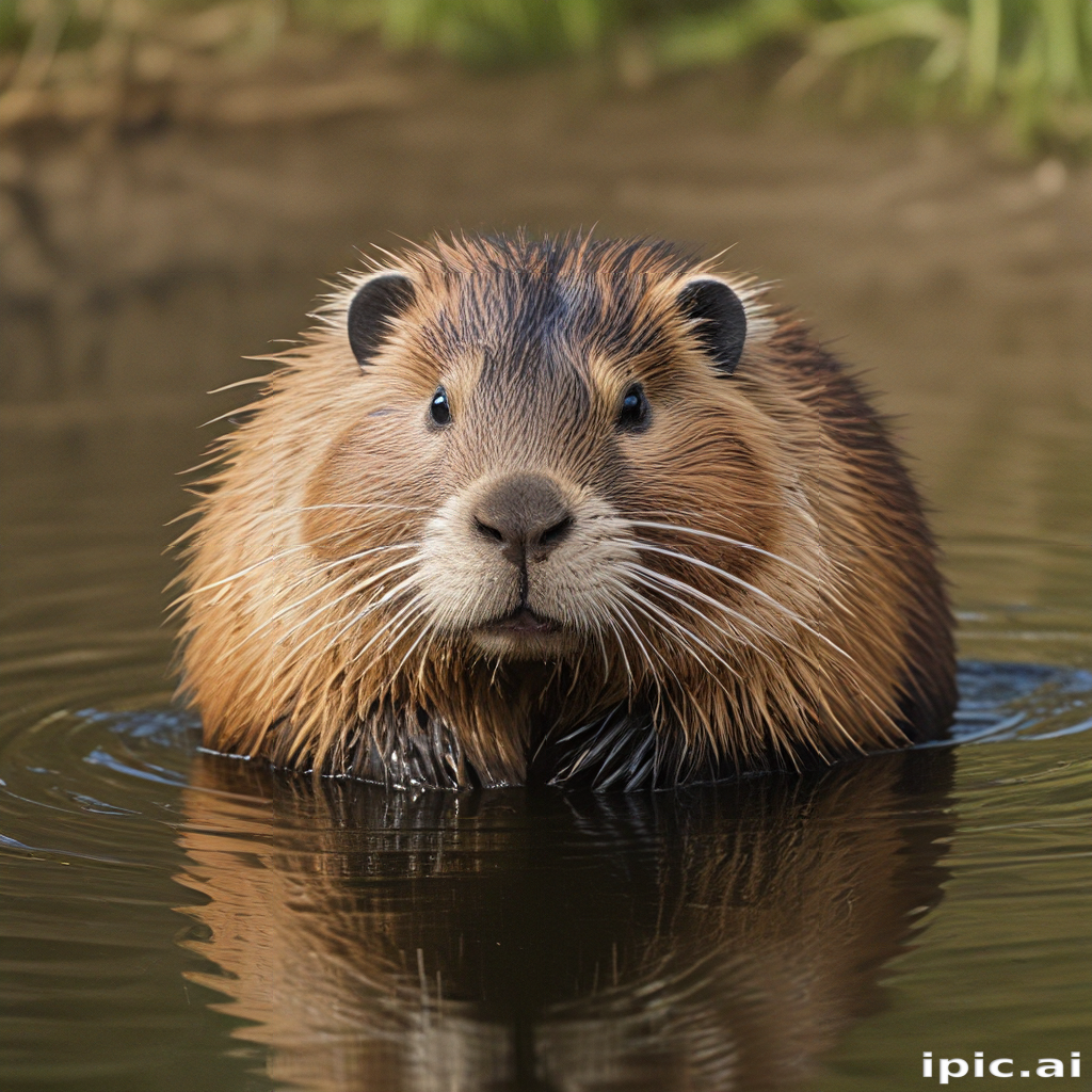 A Curious Beaver Peeking Above Water with Whiskers and Big Eyes.