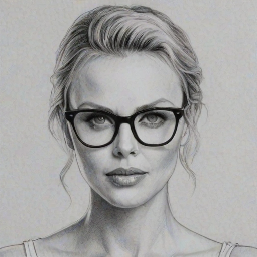 Splendid Charlize Theron, pencil sketch, portrait of Enchanting woman 1962s in glasses, hair style beatnik, outline, clear lines, fine lines, 8k