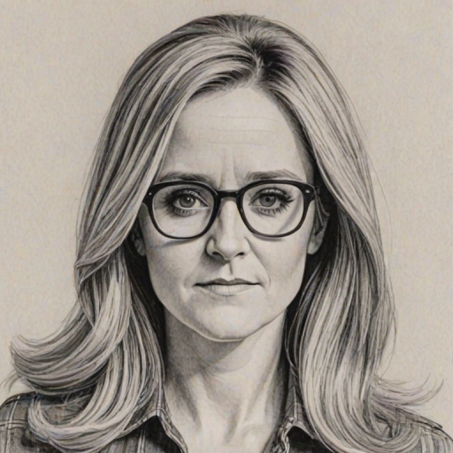 Comely Samantha Bee, pencil sketch, portrait of Dazzling woman 1970s in glasses, hair style beatnik, outline, clear lines, fine lines, 8k