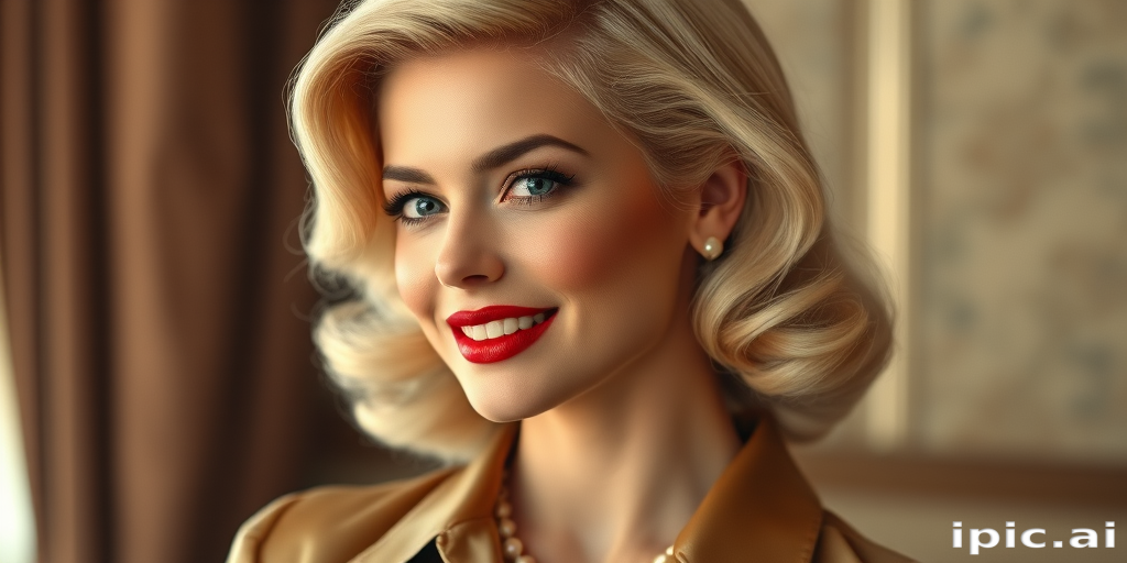A beautiful woman reminiscent of 1950s Hollywood glamour, with perfectly styled blonde hair and a seductive smile, dressed in a satin blouse and adorned with pearls, soft and warm tones, photorealistic, 8K