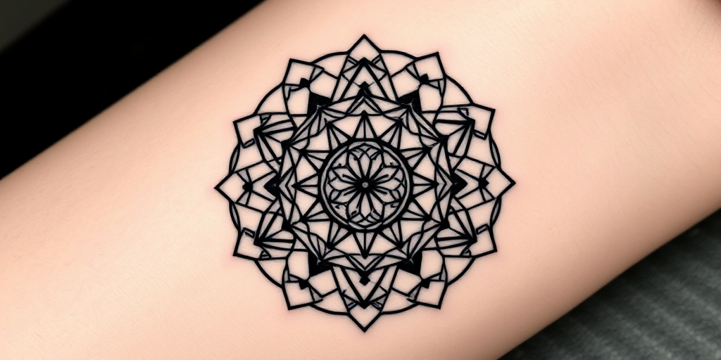 Geometric blackwork tattoo called "Sacred Geometry" showcasing intricate patterns of interconnected triangles, circles, and hexagons forming a mesmerizing mandala-like design, with bold solid black lines contrasting against negative space to create a striking visual impact, incorporating subtle dotwork shading to add depth and dimension to the piece, ideal for enthusiasts of minimalist yet powerful tattoo designs that blend mathematical precision with spiritual symbolism