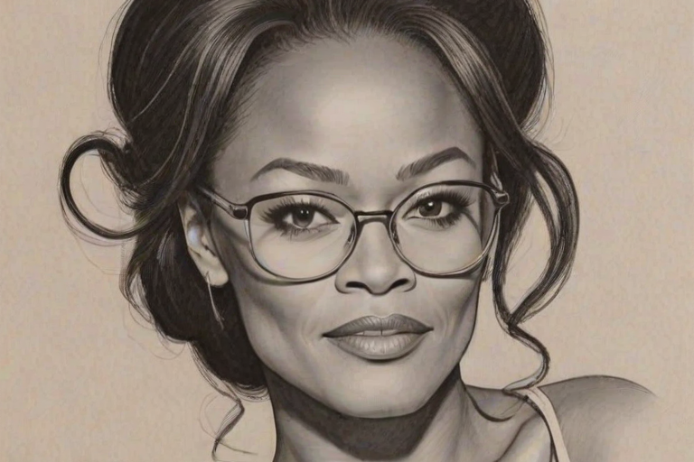 Elegant Robin Givens, pencil sketch, portrait of Fascinating woman 1965s in glasses, hair style beatnik, outline, clear lines, fine lines, 8k