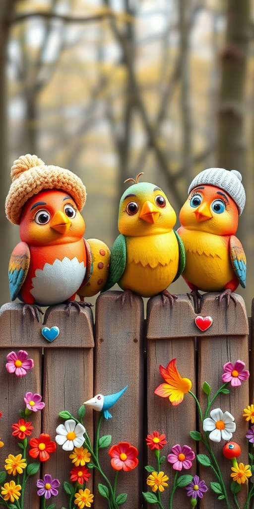 create a scene of 4 quirky  whimsical colourful comical birds each with a funny expression. they are sat on a wooden fence with colourful flowers. they are all different sizes. each one is a different colour  one is wearing a woolly hat. Each one has a different quirky google expression and there is a muted background of trees watercolour paintierly style high definition 8k resolution 3D paper mache