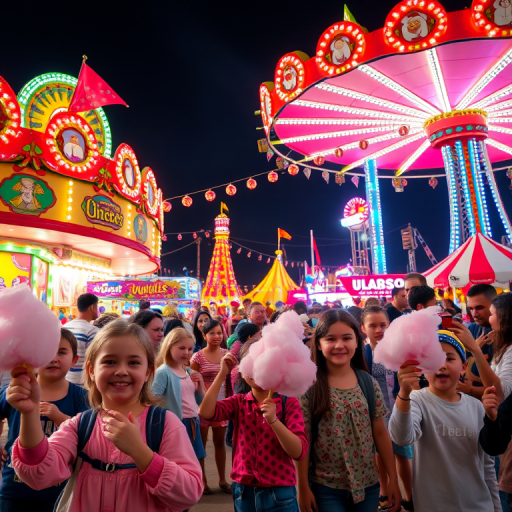 Vibrant carnival scene, with colorful rides and games, children excitedly clutching cotton candy, and festive lights illuminating the night sky, creating an atmosphere of joy and celebration.