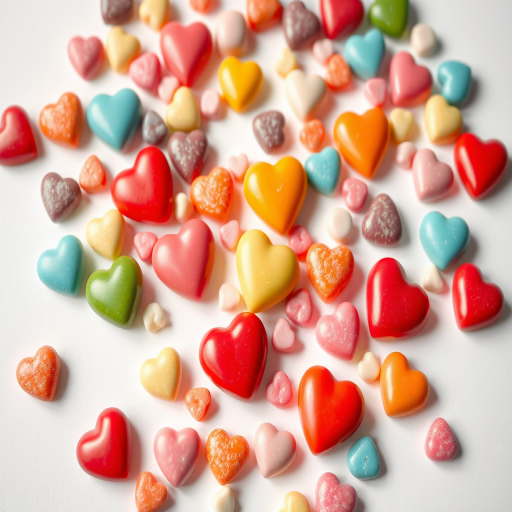 Flat lay arrangement of colorful heart-shaped candies and sweets on a clean white background, natural light, aperture f/2.8, 50mm lens, DSLR camera, focus on foreground.