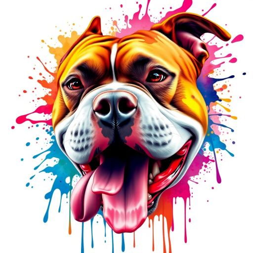 Create a hyper-detailed splash art of an American Bully dog's head on a clean white background. The design should include vibrant color splashes and drips in complementary colors, focusing on the tongue and eyes, expressive features and intricate contours. The dog's expression should be intense, almost roaring, and the overall composition should be different positions, feel fantastic and dynamic, as if a part of a digital fantasy artwork would be rendered in an 8k resolution, inspired by a mix of oil painting techniques and a stylized, epic Instagram aesthetic.