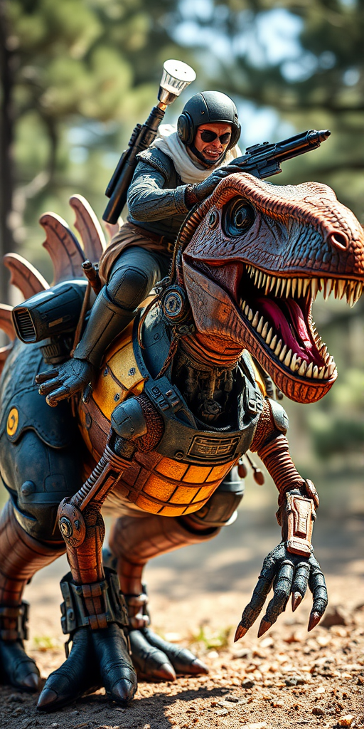 Create a highly detailed steampunk-inspired mechanical dinosaur with a rider equipped with futuristic weaponry, shot with a DSLR camera at f/2.8 aperture, ISO 100, 50mm lens, in natural lighting with a focus on dynamic angles to enhance depth and texture.