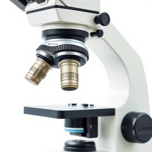 a detailed illustration of a microscope, captured with a Canon EOS R5, aperture f/8, ISO 100, 50mm lens, side view, clean white background, high resolution