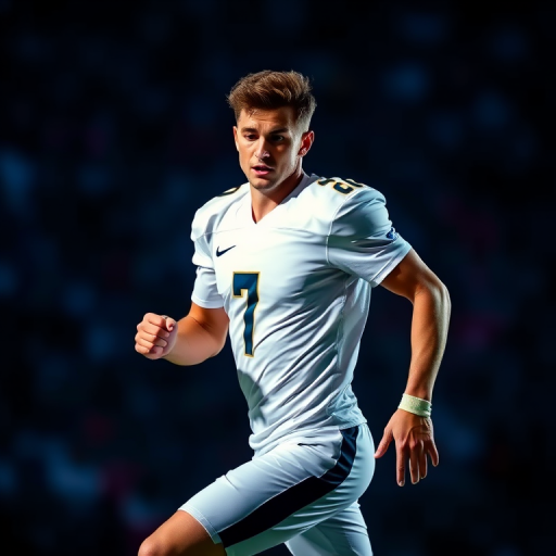 Create a dynamic action shot of a football player in a white jersey, illuminated by dramatic lighting, with a blurred abstract background in shades of blue and purple, using a DSLR camera at f/2.8, ISO 400, shutter speed 1/500s, 50mm lens, in portrait orientation.