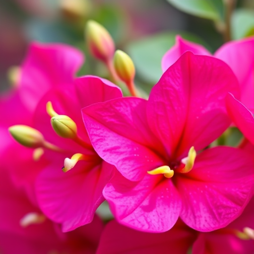 close-up of vibrant pink bougainvillea flowers with green buds, macro photography, 50mm lens, f/2.8 aperture, ISO 200, natural light, soft focus background, DSLR camera