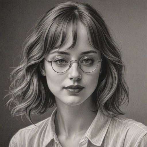 Enticing Dakota Johnson, pencil sketch, portrait of Alluring woman 1930s in glasses, hair style beatnik, outline, clear lines, fine lines, 8k