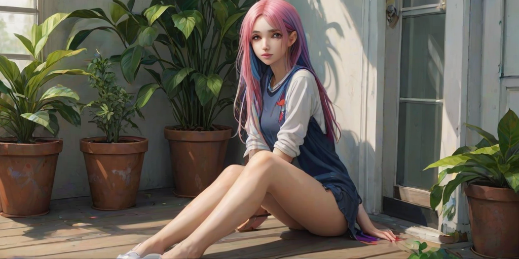 masterpiece, newest, Highly detailed, 1girl, slender, innocent, sitting, arms at sides, long hair, opaque pantyhose, no shoes, colorful hair, multicolored hair,  casual clothes, realistic, long legs, potted plants, ripped pantyhose