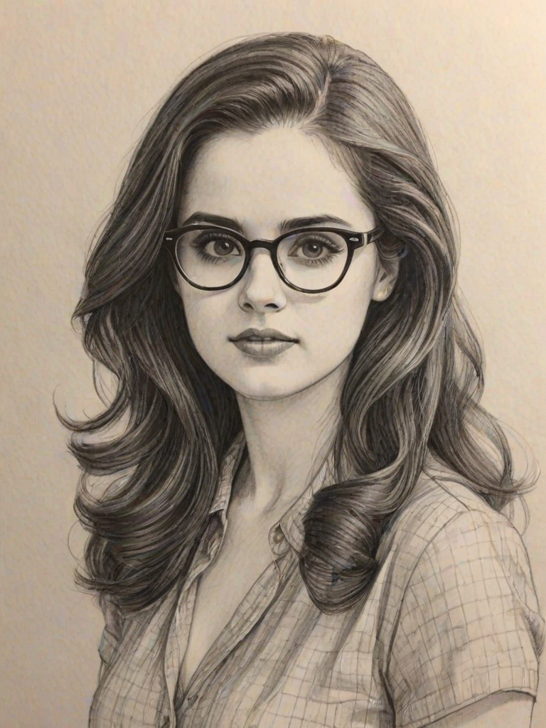 Splendid Vanessa Marano, pencil sketch, portrait of Dazzling woman 1952s in glasses, hair style beatnik, outline, clear lines, fine lines, 8k