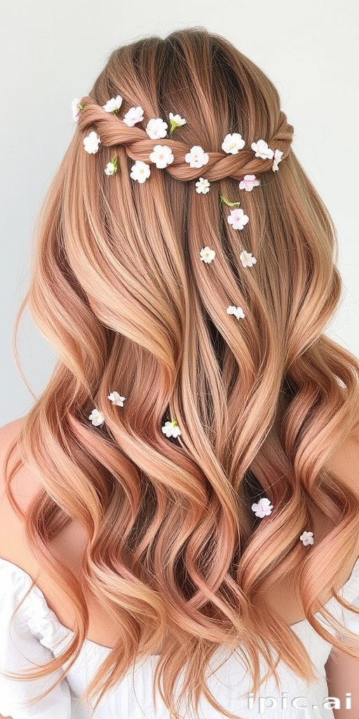Soft rose gold tresses styled in the "Blush Blossom" fashion cascade in loose beach waves, adorned with tiny fresh flowers woven throughout for a romantic springtime look