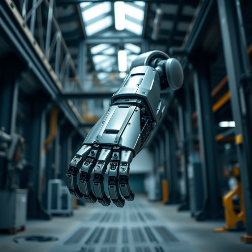 Generate a high-resolution image of a robotic arm in an industrial setting, using a Canon EOS 5D Mark IV with a 24-70mm f/2.8 lens, ISO 100, aperture f/8, shutter speed 1/125s, captured from a low angle to emphasize the robot, with soft lighting to highlight metallic textures and details, focused on creating a realistic and dramatic atmosphere.
