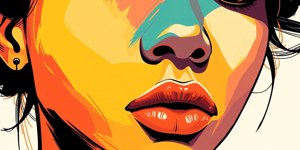 Create a high-resolution digital illustration of a stylized face with bold colors and artistic brush strokes, using a Canon EOS R5 camera with a 50mm f/1.2 lens, aperture set to f/2.8, ISO 100, and a center-focus view to enhance detail and clarity.