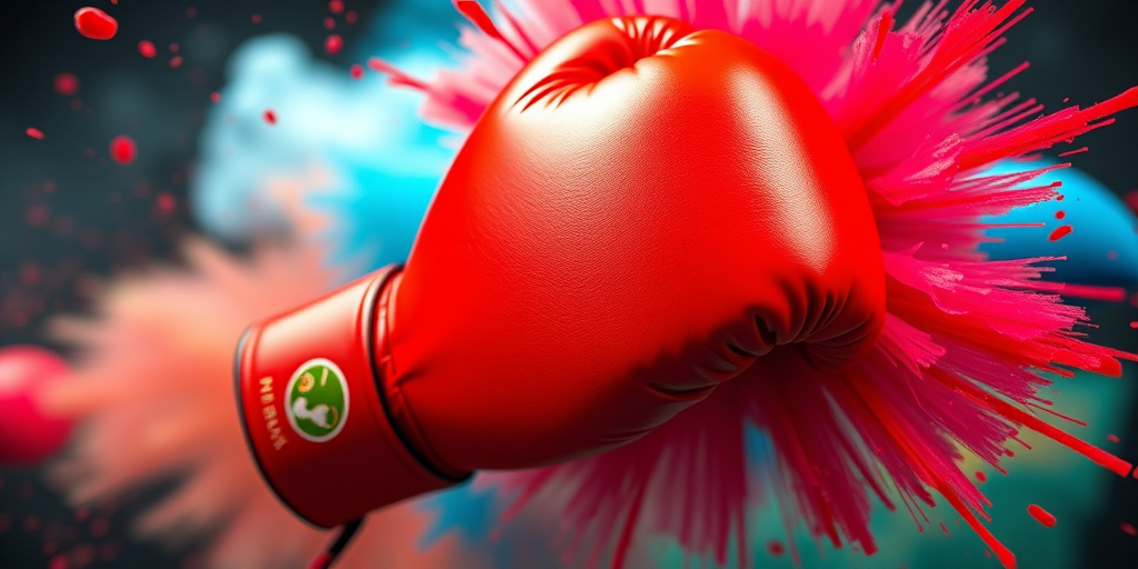 Create an image of a cartoon boxing glove with a vibrant red color, surrounded by a colorful explosion effect, using a high-resolution digital camera with a 50mm lens, f/1.8 aperture, ISO 100, shot in natural light, capturing the scene from a close-up angle with a soft-focus background for enhanced depth.
