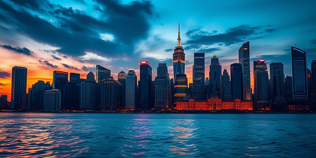 Create a vibrant city skyline at sunset with glowing lights reflecting on water, captured with a Canon EOS R5, 24-70mm lens, f/8 aperture, ISO 100, 1/60 sec shutter speed, wide-angle view, shot from a low perspective for dramatic effect.