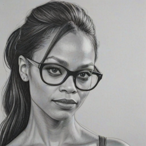 Attractive Zoe Saldana, pencil sketch, portrait of Superb woman 1971s in glasses, hair style beatnik, outline, clear lines, fine lines, 8k
