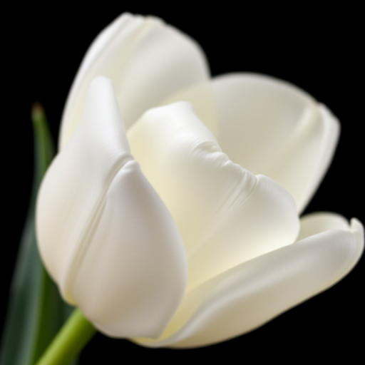 Close-up of a white tulip with smooth petals against a black background, shallow depth of field, f/2.8 aperture, 50mm lens, ISO 100, DSLR camera, soft natural lighting.
