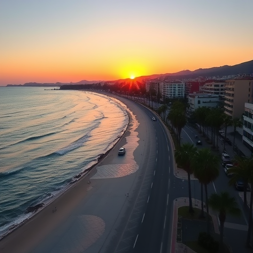 Coastal cityscape at sunset with buildings, palm trees, and cars along the promenade, captured with a Canon EOS R, 35mm lens, f/8, ISO 200, 1/200 sec, natural lighting, wide-angle view.
