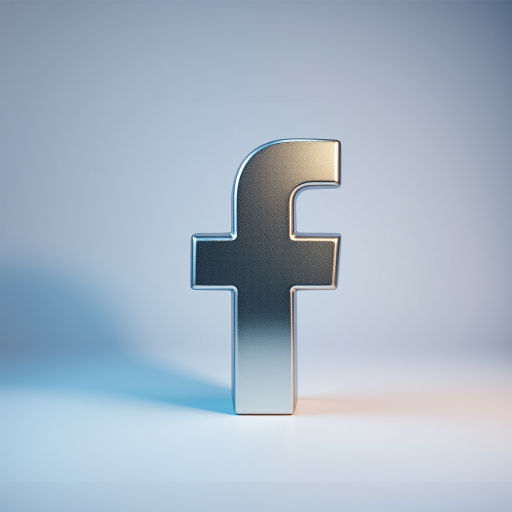 Create a high-resolution image of a shiny silver Facebook logo, studio lighting, 50mm lens, f/1.8 aperture, ISO 100, front view, digital camera.
