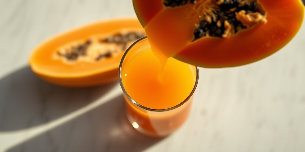 Create a high-resolution image of a fresh papaya being poured into a clear glass filled with orange juice, captured with a Canon EOS R5 using a 50mm lens, f/1.8 aperture, ISO 100, shot from a top-down perspective in natural lighting to enhance colors and details.