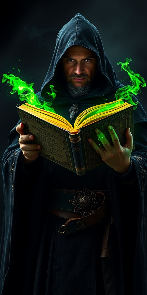 High fantasy sorcerer holding an ancient book with glowing green magic, dark cloak with intricate details, cinematic lighting, dramatic shadows, portrait orientation, 85mm lens, f/1.8 aperture, ISO 100, full-frame camera.