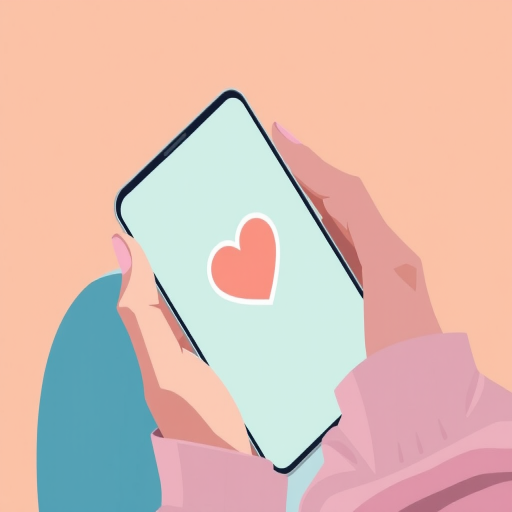 Create an illustration of a person using a smartphone with a heart symbol on the screen, in a minimalist style, soft pastel colors, high resolution, 50mm lens, f/2.8 aperture, bright natural lighting, and top-down view.
