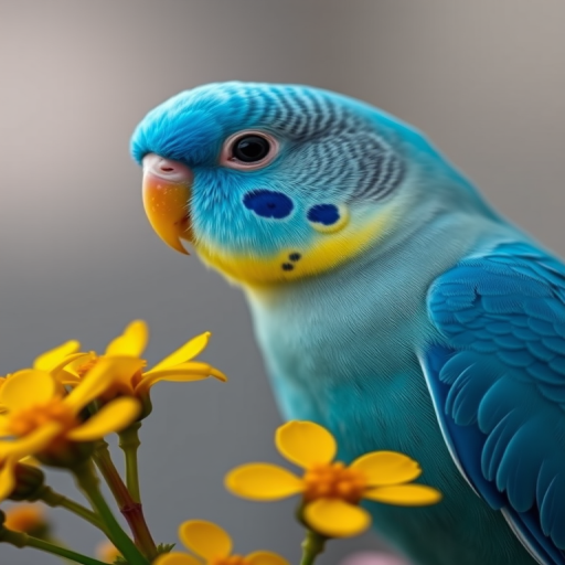 A close-up shot of a vibrant blue budgerigar perched next to yellow flowers, using a Canon EOS R5 camera with an 85mm f/1.2 lens, aperture set to f/2.8, ISO 100, shallow depth of field to create a soft background blur, natural lighting to enhance colors and details.