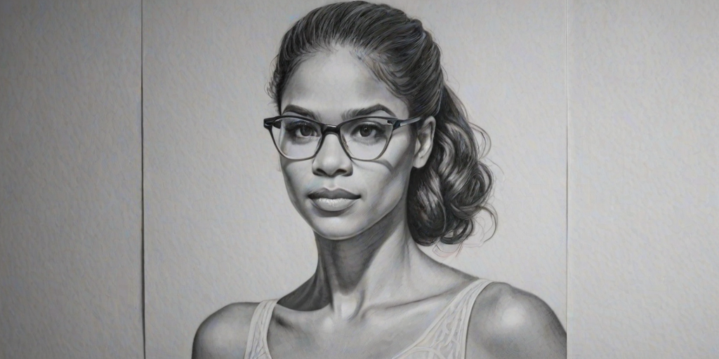 Comely Misty Copeland, pencil sketch, portrait of Appealing woman 1938s in glasses, hair style beatnik, outline, clear lines, fine lines, 8k