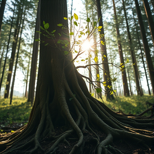Create an enchanting image of a forest spirit made of tree roots and leaves, backlit by soft sunlight filtering through tall trees, capturing intricate details and a magical atmosphere, shot with a Canon EOS R5 at f/1.4, ISO 100, 50mm lens, in portrait mode.