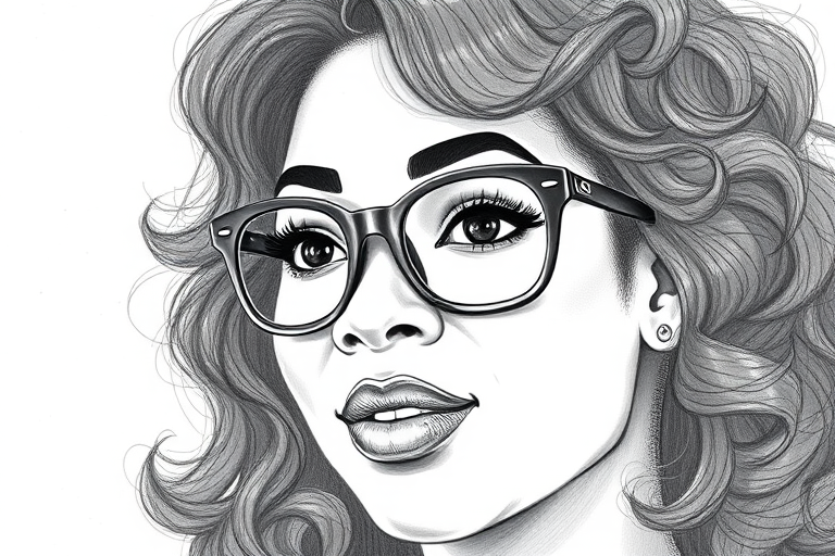 Beautiful Oprah Winfrey, pencil sketch, portrait of beautiful woman 60s in glasses, hair style beatnik, outline, clear lines, fine lines, 8k
