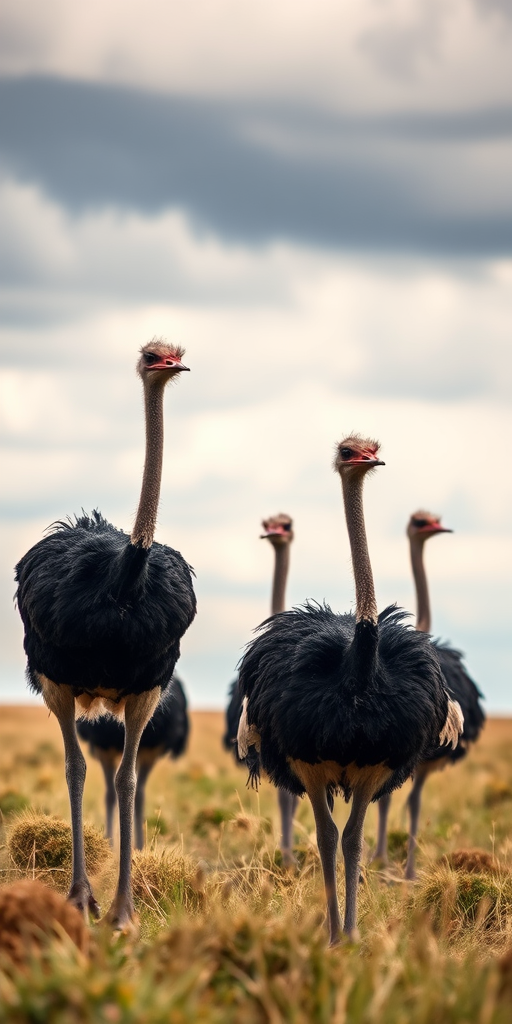 ostriches in a field with cloudy sky, using a Canon EOS R5, 50mm lens, aperture f/2.8, ISO 100, shutter speed 1/2000s, with a wide-angle perspective and natural lighting to enhance details.